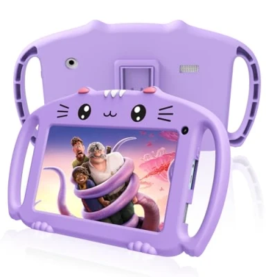 Image de VESWWE Tablette pour Enfant 7 Pouces Android Enfants avec WiFi 32Go ROM Tablet Tactile Educative Contrôle Parental Double Caméra Kid Proof Étui (Violet)