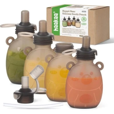 Image de Haakaa Sac à Squeeze en Silicone, Pochette Réutilisable pour Aliments Bébés Faits Maison, Purées Biologiques, Jus, Smoothies et Yaourts Parfait Tout Petits Paquet de 4, 6 Onces.