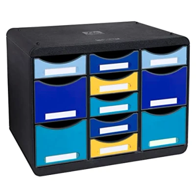 Image de Exacompta Réf. 3137202D STORE BOX multi 1 Caisson 7 tiroirs fins et 4 hauts Dimensions extérieures : Profondeur 27 x largeur 35,5 Hauteur 27,1 cm Format paysage BeeBlue assorti