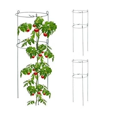 Image de Relaxdays Tuteur à tomates/concombres en Lot de 3, Support pour Plantes, 2 Anneaux, H x D : env. 76 26 cm, Vert