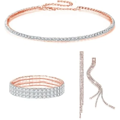 Image de FDEETY Ensembles de Bijoux Mariage pour Femme Strass Collier Bracelet Pendentif Boucles D&#039;oreilles Prom Fiançailles Faire la Fête Parure (Or Rose)