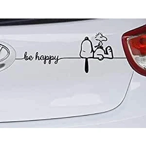 Image de Autocollant en 2 parties avec motif Snoopy et Woodstock inscription « Be Happy » Noir