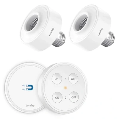 Image de LoraTap Kit Interrupteur Sans Fil, 2x Douilles E27 1x Télécommande, Récepteur Contrôle 30W, Portée 200M, Culot Emetteur (Inclus), Commande à Distance Fil ON/OFF Pour Ampoule
