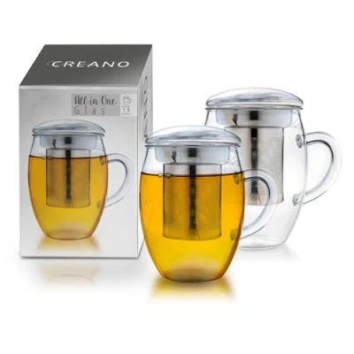 Image de Creano Verre à thé tout en un 400 ml, lot de 2 grande tasse avec passoire acier inoxydable et couvercle verre, x dans emballage cadeau attrayant (2x ml)