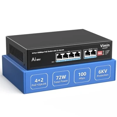 Image de Commutateur PoE 6 Ports avec 4 PoE, VIMIN 8 Non Gérés 10/100 Mbps Réseau 2 de Liaison Montante, Chien Garde AI, VLAN, Extension 250 m, Plug and Play