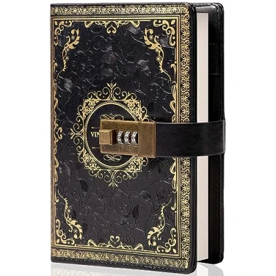 Image de Carnet de notes vintage en cuir avec serrure à combinaison, format A5, motif floral relief, journal intime, papier ligné pour écrire, cadeau femmes, filles et enfants (noir)