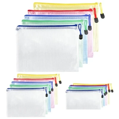 Image de Brevanza 15 Pièces Pochette Document Zippée A4+A5+A6, PVC Mesh Zipper Pouch Etanche, Dossier 5 Couleurs, Chemise pour ranger dossiers documents papiers Fournitures de Bureau
