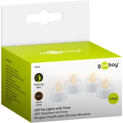 Image de goobay Lot de 4 bougies chauffe plat LED avec fonction minuterie, lumières blanches chaudes, 3,8 cm haut, 3,7 blanc, piles incluses (CR2032) transparentes 49868