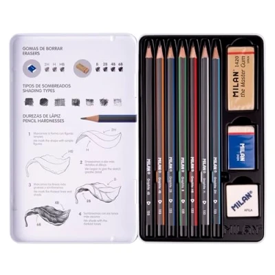 Image de MILAN® Lot de 7 crayons à papier graphite (2H, HB, B, 2B, 4B, 6B) avec 2 gommes et taille dans un étui métallique