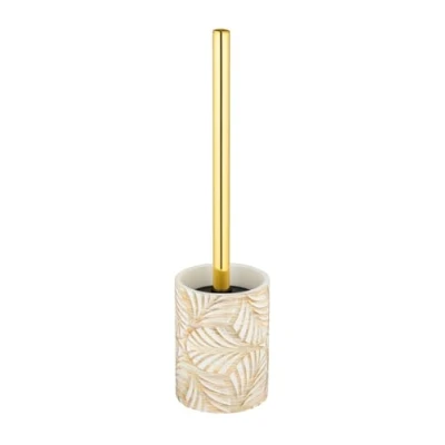Image de WENKO Brosse WC TERRALBA en Polyrésine Support + Manche Doré Silicone Hygiénique Blanc/Or Motif Feuilles Ø9x36 cm