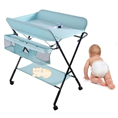 Image de Table à Langer Pliante avec Panier de Rangement Côté Structure en Fer Charge Max 25KG pour Nouveaux Nés Design Ergonomique,Table Pliable et Portable, 80 * 66 98cm (bleu)