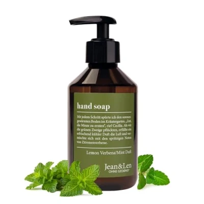 Image de Jean &amp; Len savon pour les mains Lemonverbena Mint, nettoie abîmées, convient un usage quotidien, liquide en distributeur à pompe, parfum citronné, végétalien, 250 ml