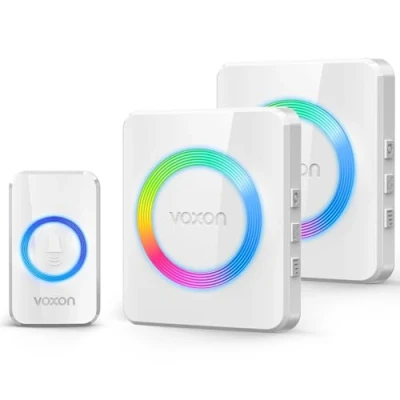 Image de VOXON Sonnette de porte sans fil étanche avec batterie 400 m portée IP65, 3 modes fonctionnement, 38 carillons et 5 niveaux volume