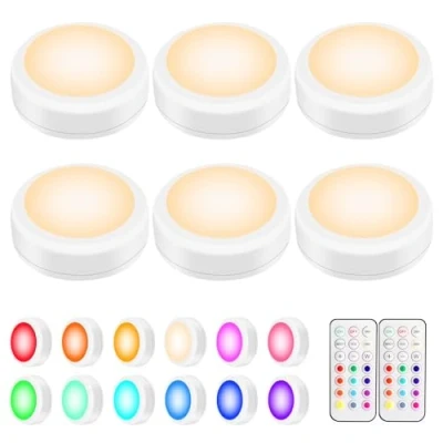 Image de BLS AA 1062 Lot de 6 palets lumineux LED sans fil avec télécommande et minuteur, fonctionne 3 piles AA, lumières à changement couleur, coller n&#039;importe où pour placard cuisine