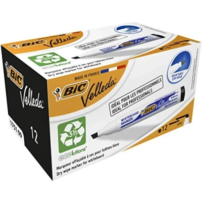 Image de BIC Velleda 1751 ECOlutions Feutres pour Tableau Blanc Effaçables à Sec Pointe Large Biseautée Noir, Boîte de 12