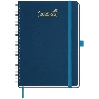 Image de BEZEND Agenda 2025 2026 A5 Spirale 21 x 15,5 cm Semainier 25 26 avec Double Horaire 1 Semaine 2 Pages 18 Mois Du juil. à déc. Couverture Souple en Cuir PU Bleu Prussien