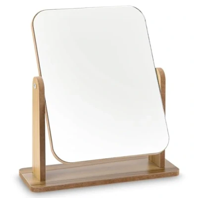 Image de Miroir de Bureau en Bois Petit sur Pied 25 X 22CM Table Rotatif à 360 Degrés a Poser Haut avec Support Détachable, Convient pour la Chambre, Salle Bain, Le