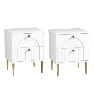 Image de HOMCOM Lot de 2 Tables Chevet Table Nuit avec tiroirs et Pieds en Acier, Style Moderne, d&#039;appoint pour Chambre à Coucher, Salon, 40 x 35 50 cm, Blanc