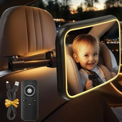 Image de Retroviseur Voiture Bebe Miroir Bébé avec Lumière LED Rechargeable, 360 Rotation Réglables Rétroviseur 100% Incassable Voiture, De