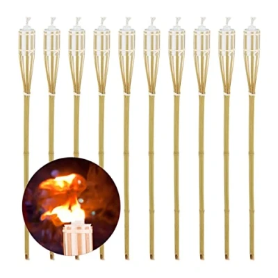 Image de Relaxdays Torches en Bambou, Set de 10, Flambeaux extérieurs, HxD : 90 x 6 cm, Rechargeable avec mèches Rechange