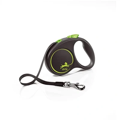 Image de Flexi, Laisse Modèle Black Design, Version Sangle, Forme Moderne et Ergonomique, Système de Guidage perfectionné, à Enrouleur, Made in Germany, Black/Green, S 5m