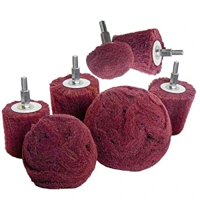 Image de Tête de polissage (brossage) en forme tampon récurage 7 pièces rouges non tissées pour perceuse abrasif avec poignée 1/4 collecteurs/aluminium/acier inoxydable/chrome, etc