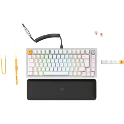 Image de Glorious Gaming GMMK Pro 75% Clavier de Jeu mécanique modulaire, TKL, Cadre 1,5 kg, Personnalisable, câble spiralé, Repose Poignets, Touches Blanches, RGB, Disposition AZERTY française Blanc