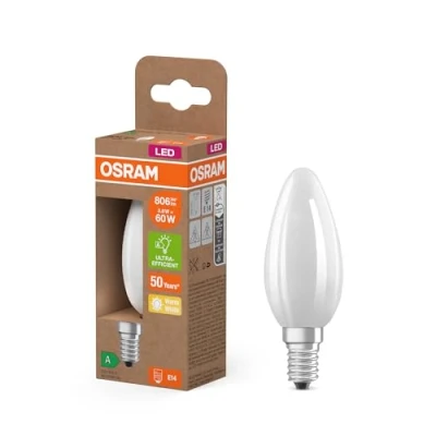 Image de OSRAM Energy Class LED Lampe in klassischer Minikerzenform, 3.8 W / 806 lm, EEK A, warmweißes Licht (2700 K), CRI 80, aus gefrostetem bleifreiem Glas, E14 Sockel, IP20, 35 mm Durchmesser.