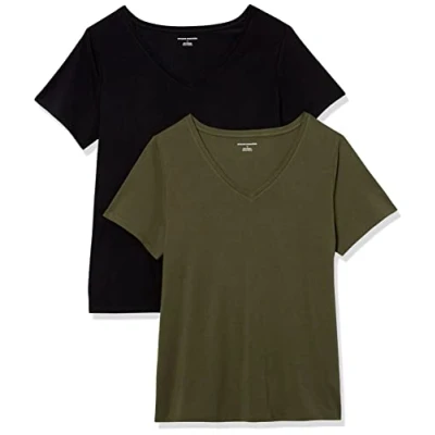 Image de Amazon Essentials T shirt À Manches Courtes et Col En V, Grande taille Femme, Lot de 2, Noir/Vert Olive, 4XL