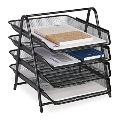 Image de Relaxdays Range documents, 4 compartiments, aspect maille, pour format A4, HxLxP: 32,5 x 30 35,5 cm, rangement, noir