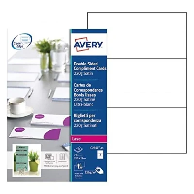 Image de AVERY Pochette de 75 cartes correspondance à bords lisses imprimables recto/verso, En carte blanche satinée 220g/m², Format 210 x 99 mm, Impression laser, (C2359 25)