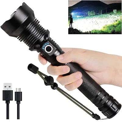 Image de Lampes de poche LED rechargeables haute luminosité, 90000 lumens super lumineuses, avec piles incluses, étanche, zoomable, 3 modes, lampe pour urgence, camping et ourdoor