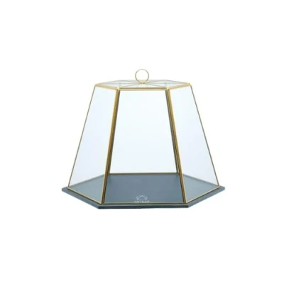 Image de Artesà Dôme à Fromage/Gâteau en Verre Géométrique avec Plateau de Service Ardoise, 31 X 27,5 25 cm (12&quot; 11&quot; 10&quot;) Effet Laiton, Brass Effect