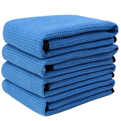 Image de POLYTE Elite Lot de 4 Serviettes séchage en Microfibre (40,6 x 61 cm, gaufré, Bleu)