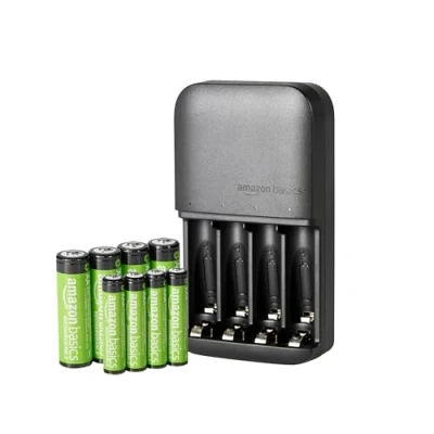 Image de Amazon Basics NiMH batteries rechargeables avec chargeur à 4 emplacements, AAA 800mAh pièces+ AA 2000mAh pièces, prise européenne, Noir