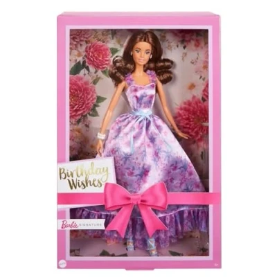 Image de Barbie Joyeux Anniversaire Poupée à collectionner vêtue d’une robe lilas satinée et aux cheveux bruns ondulés, dans un emballage cadeau
