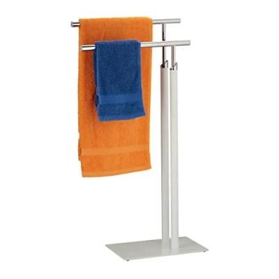 Image de Relaxdays Porte Serviettes autoportant, 2 Barres, sèche Serviette Salle de Bain, Acier, HLP : 78x44x20 cm, Blanc/argenté