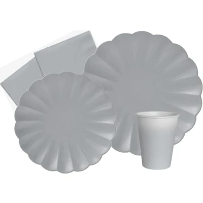 Image de Ciao Kit Table Fête Party Flower Shape 24 personnes (112 pcs: assiettes, gobelets, serviettes) en papier compostable, gris Vaisselle papel eco friendly, Uni, AZ115