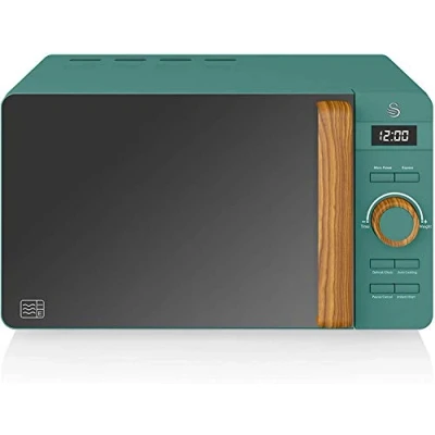 Image de Swan Nordic Micro ondes numérique 20 L, 6 niveaux de fonctionnement, 800 W puissance, minuterie 30 min, nettoyage facile, mode dégivrage, design moderne, poignée effet bois, vert mat
