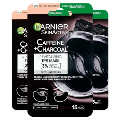 Image de Garnier SkinActive Caffeine Charcoal Masque Contour des Yeux Revitalisant pour Tous les Types de Peau en Tissu Biodégradable 3 Applications