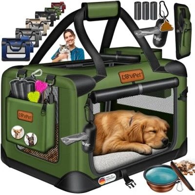 Image de Lovpet® Boîte de transport pliable pour chien avec gamelle + 45 sacs à déjections canines, M, 60 x 42 cm, sac animaux compagnie, chiens et chats Kaki