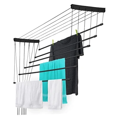 Image de KADAX Etendoir a Linge au Plafond avec Tiges en Acier, Pratique Systeme de Sechage Suspended pour Maximiser l&#039;espace Interieur (Noir, 6 x 110 cm)