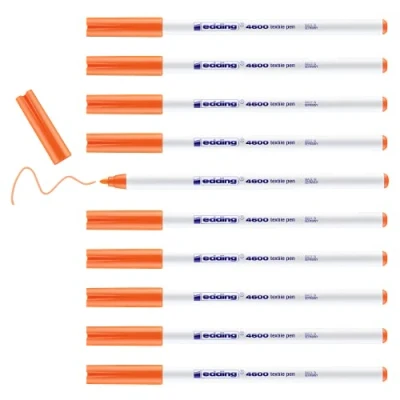 Image de edding 4600 feutre pour textiles orange fluorescent 10 pièces pointe ronde de 1 mm textile lavable en machine (60 C) décorer le tissu marqueur