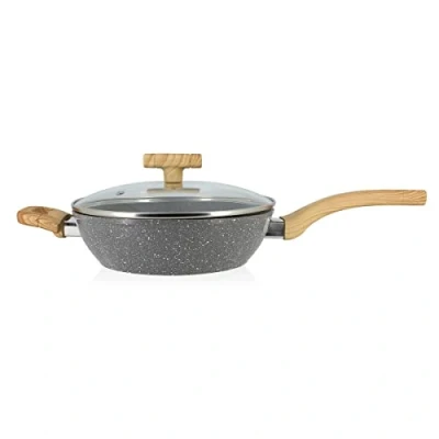 Image de MENASTYL Sauteuse en aluminium forgé avec couvercle 24cm et poignée effet bois clair 6020039