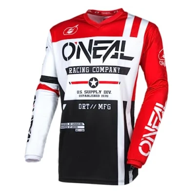 Image de O&#039;NEAL Maillot Motocross Manches Longues MX Enduro Protection coude rembourrée, col en V, Respirant Element Jersey Warhawk V.24 Adulte Noir Blanc Rouge Taille M