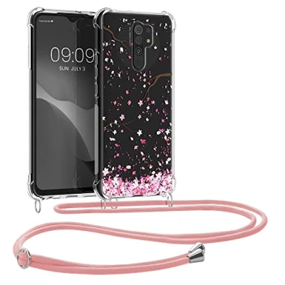 Image de kwmobile Coque Collier Compatible avec Xiaomi Redmi 9 Housse en Silicone Cordon de Rose Clair Brun foncé Transparent
