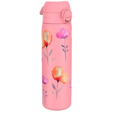 Image de Ion8 Gourde Inox, 600ml, Anti Fuite, Facile à Ouvrir, Verrouillage Sécurisé, Lavable au Lave Vaisselle, Poignée de Transport, Durable, Acier Inoxydable, Motif 3D Fleurs Rose