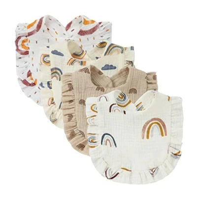 Image de Nishine 4 PACK Ensemble de bavoirs en mousseline solide pour bébés unisexe garçons filles coton ajustable dentition l&#039;alimentation baveuse(Set arc ciel)