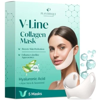 Image de PLANTIFIQUE Double Menton Masque Visage V Line 5 Ceintures Femme pour Raffermir et Resserrer la Peau Modeleur Tonifiant de Mâchoire au Collagène Hydrogel à l’Aloe Vera Jawline Shaping Masks