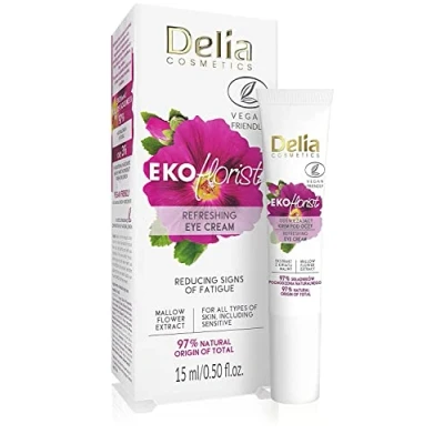 Image de Delia Cosmetics EKOflorist Crème contour des yeux Cosmétique naturel végétalien rafraîchissant à l&#039;acide hyaluronique et l&#039;extrait de mauve pour tous les types peau Régénère, lisse,